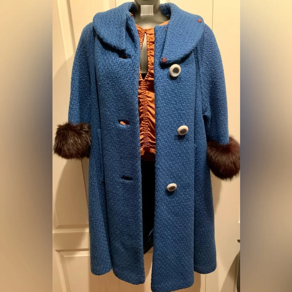 Penny Lane Blue Textured Lined (Fox?) Fur Trim Union Made Swing Coat - Picture 6 of 14